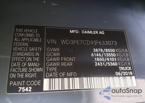 2018 Mercedes-Benz Sprinter 2500 Standard Roof V6 z USA, uszkodzony, nr VIN WD3PE7CD9JP633073